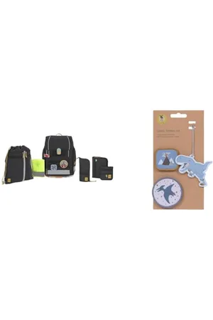 LÄSSIG 7-teiliges Schulranzen Set Kinder/School Set Boxy Unique Schwarz & Anhänger und Patches Set (3 Stk.) mit Druckknopf/School Patches Set Dinosaur
