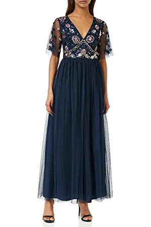 Maya Deluxe Damen Womens Maxi Ladies Embellished Spot Mesh A-Line V-Neck Dress for Wedding Guest Bridesmaid Prom Ball Occasion Kleid, , 38