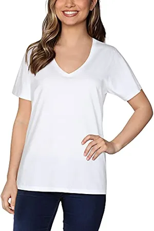 Fruit Of The Loom Damen Crafted Comfort Pima Cotton Short Sleeve T-Shirt, V-Ausschnitt-Weiß, Mittel