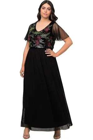 Ulla Popken Damen Paillettenkleid mit Blumenstickerei Kleider, , 46-48