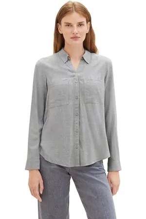 TOM TAILOR Damen Hemdbluse mit Brusttaschen , medium silver grey melange, 36
