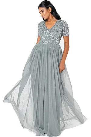 Maya Deluxe Abendkleid mit Pailletten Cocktailkleid Damen mit V-Ausschnitt Tüllkleid Grün Größe 40