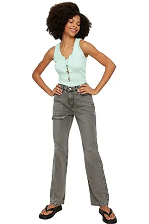 Trendyol Damen Ripped Detailed High Waist With Wide Leg Jeans, , 42 EU