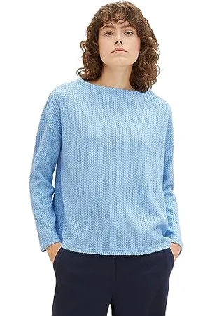TOM TAILOR Damen Basic Sweatshirt mit Zopfstruktur, Clear Light Blue Melange, L