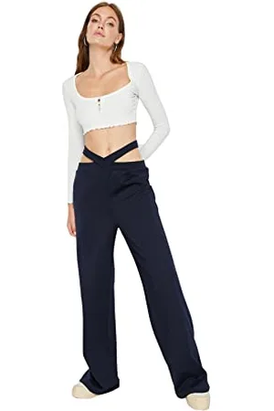 Trendyol Damen Herren Mittlerer Bund Wide Leg Jogginghose Sweatpants, Dunkles Marineblau, XL EU