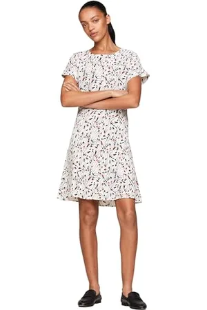 Tommy Hilfiger Damen Kleid Small Ribbon Mini Dress Kurzarm, Mehrfarbig (Small Ribbon Print/ Ecru), 38