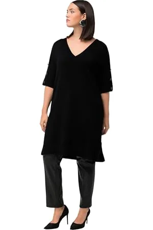 Ulla Popken Damen, große Größen, Longpullover mit V Ausschnitt und Knopfdetail