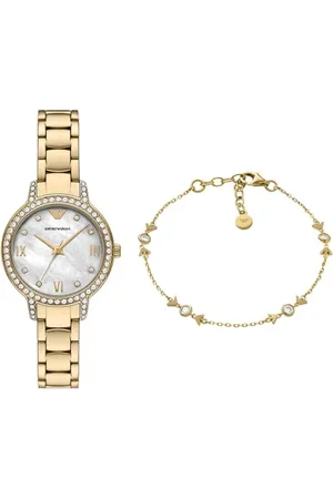 Emporio Armani Damen Goldfarbene Edelstahl Uhr und Armband Sterlingsilber, Set