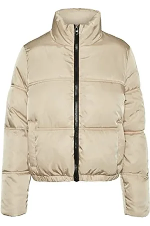 Noisy May Damen Kurze Puffer Übergangsjacke | Warme Stepp Jacke ohne Kapuze | Wattierter Blouson NMANNI, Farben:Beige, Größe:XS