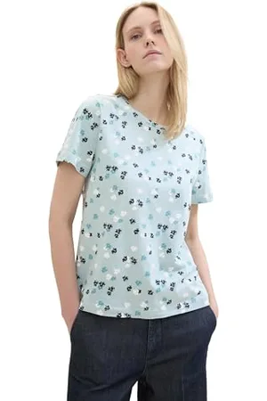 TOM TAILOR Damen Basic T-Shirt mit Print, blue offwhite flower, XXS