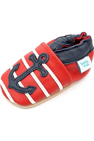 Dotty Fish Krabbelschuhe aus Leder – rutschfeste, weiche Sohle, Barfußgefühl, Lauflernschuhe & Babyschuhe für Jungen, Rot und Blau Anker, 0-6 Monate (17 EU)