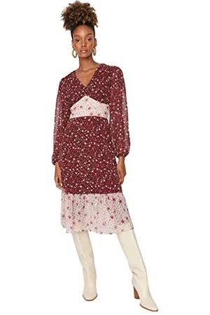 Trendyol Damen Woman Midi Standard V-ausschnitt Webstoff Kleid, , 40 EU