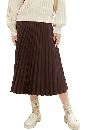 TOM TAILOR Damen Plissee Midi-Rock aus Fake-Leder, Brushwood Brown, 46