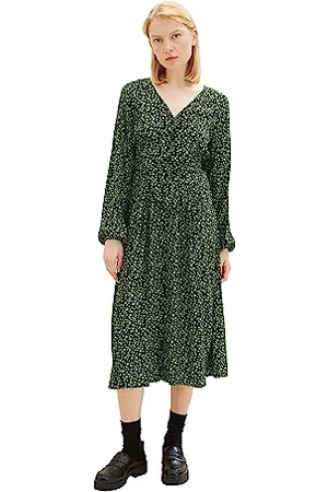 TOM TAILOR Damen 1038137 Midi-Blumen Kleid mit Knopfleiste & Bindedetail, 32433-black Green Flower Print, XXL