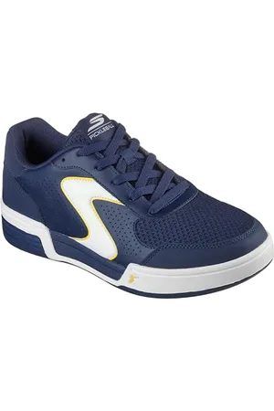 Skechers Herren Viper Court Classic Sneaker, Marineblaues Leder, Synthetik, Textil, gelber Rand, 41.5 EU