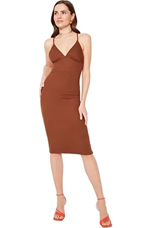 Trendyol Damen Back Detailed Cocktail Dress, Dark Brown, 36 EU