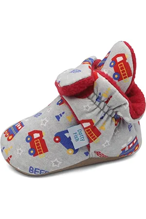 Dotty Fish Baby Stiefel für den Winter - Warme, rutschfeste Krabbelschuhe aus Baumwolle mit Wildeledersohle. Grau mit Zügen und Autos. 0-6 Monate