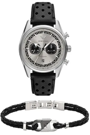 Emporio Armani Herren Schwarze Leder Uhr und Armband Zweifarbig, Set