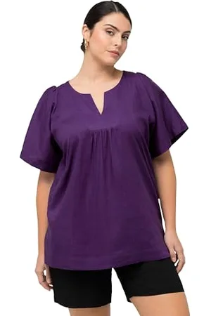 Ulla Popken Damen, Leinenmix, A-Linie, Tunika-Ausschnitt, Halbarm Bluse, , 62-64