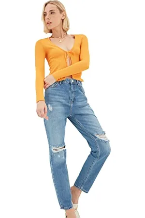 Trendyol Blauer gerissener detaillierter hohe Taille Momerjeans, blau, 34
