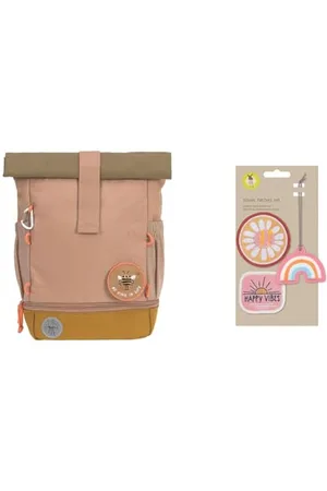 LÄSSIG Kindergartenrucksack Kinderrucksack Rolltop mit Brustgurt wasserabweisend & Anhänger und Patches Set (3 Stk.) mit Druckknopf/School Patches Set Happy