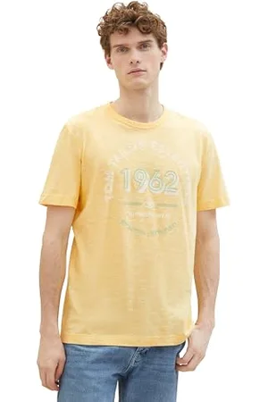 TOM TAILOR Herren Basic T-Shirt mit Logo-Print, sunny yellow finestripe, L