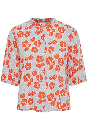 Ichi IHCEFALU SH3 Damen Kurze Bluse Kurzarm mit schmalem Stehkragen Allover-Print, Größe:34, Farbe: