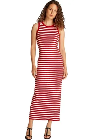 Tommy Hilfiger Damen Kleid Midi Dress Slim Fit, Mehrfarbig (Primary Red/Ecru Stp), M