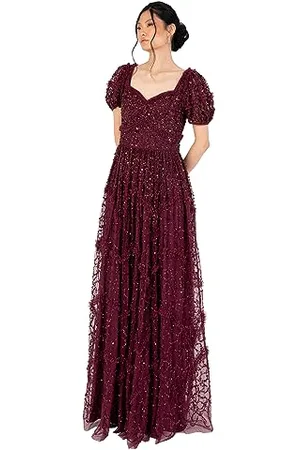 Maya Deluxe Damen Womens Maxi Dress Ladies Embellished Frilly Sweetheart Neckline Short Sleeve for Wedding Guest Bridesmaid Prom Ball Gown Kleid, , 36