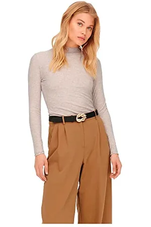 ONLY Damen Dünnes Langarm Shirt | Geripptes Stehkragen Basic Longsleeve ONLEMMA | Gewelltes Oberteil, Farben:Beige, Größe:M