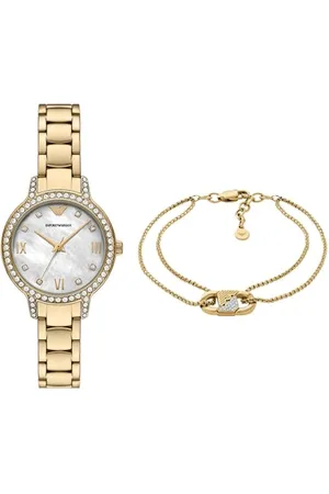 Emporio Armani Damen Goldfarbene Edelstahl Uhr und Armband, Set