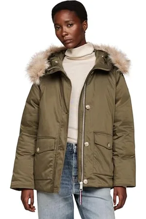 Tommy Hilfiger Damen Parka Padded Parka With Fur mit Knopfleiste, Mehrfarbig (Army Green), S