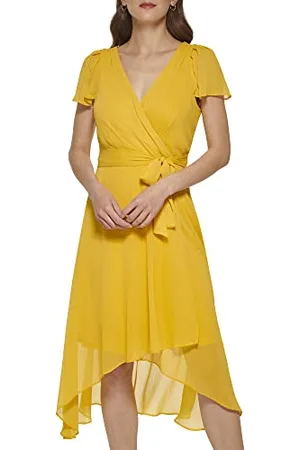 DKNY Damen Short Sleeve Asymmetrical Hem Faux Wrap Dress Kleid, , 42