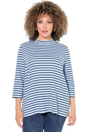 Ulla Popken Damen Shirt, Ringel, A-Linie, Stehkragen, 3/4-arm Langarmshirt, , 42-44 EU