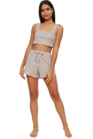 Trendyol Damen Gray Lace Detailed Knitted Kit Pajama Set, Gray, S EU