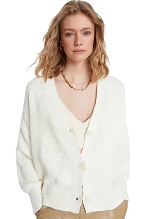 Trendyol Damen Ekru Button Detailed Oversize Knitwear Cardigan Sweater, , S EU