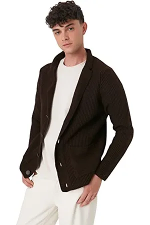 Trendyol Herren Strickjacke mit Reverskragen, einfarbig, schmal Pullover, , X-Large