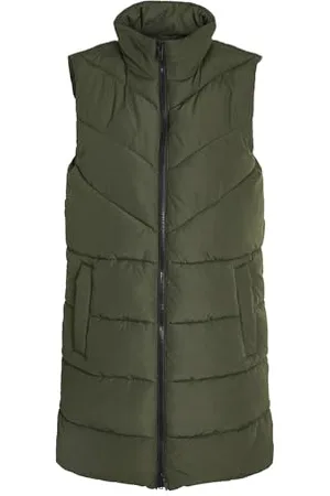 Noisy May Damen Winter Weste NMDALCON Lange wattierte Puffer Stepp Jacke mit Zip ohne Ärmel, Farben:Grün, Größe:M