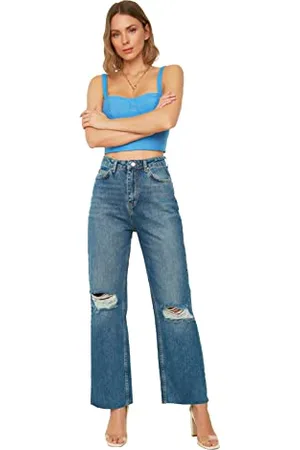 Trendyol Damen Ridsede detaljer højtaljede brede ben Jeans, Dunkelblau, 34 EU