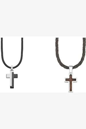 QS by s.Oliver Kette mit Anhänger Edelstahl Leder Jungen Kinder Halsschmuck & Kette mit Anhänger Edelstahl Holz Jungen Kinder Halsschmuck, 40+3 cm, Braun, Kreuz, Kommt in Schmuck Geschenk Box, 2018841