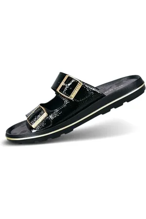 Bugatti Damen-Pantolette aus schwarzem Lackleder mit doppelten Riemen, metallischen Schnallendetails, leichten Eva-Sohlen und elegantem Sommerstil, , 40 EU