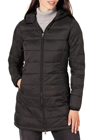 Amazon Damen Leichter, wasserabweisender, verstaubarer Regular-Fit-Daunenmantel mit Kapuze (erhältlich in Plus Size), , XS