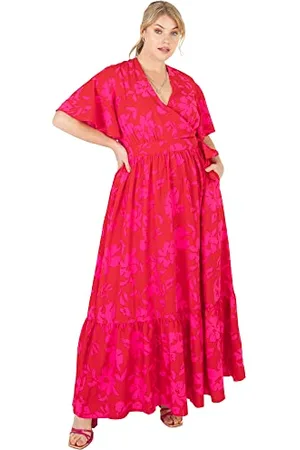 Lovedrobe Damen Womens Maxi Dress Plus Size Ladies V Neck Faux Wrap Short Sleeve Flutter Tropical Ruffle with Pockets for Summer Kleid, , 46