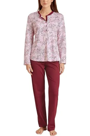 Calida Midnight Flowers Pyjama, lang Damen, aus 100% Dicker Baumwolle