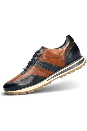 Bugatti Herren-Sneaker aus dunkelblauem und cognacfarbenem Leder mit kontrastierenden Einsätzen, Ziernähten, Memory-Schaum-Innensohlen, langlebig und bequem. dunkelblau/Cognac 44 EU