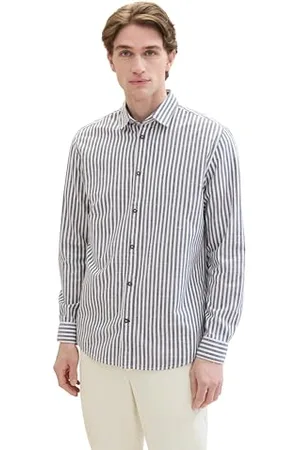 TOM TAILOR Herren Regular Fit Dobby Hemd mit Streifen, navy white dobby stripe, L