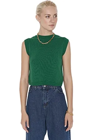 Trendyol Damen Crew Neck Plain Slim Vest Sweater, Smaragdgrün, S EU