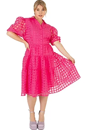 Lovedrobe Damen Midi-Sommerkleid mit Knöpfen, Puff, Kurze Ärmel, Kragen, A-Linie, Netzstoff, Organza für Sommer, Party, Büro Kleid, , 52