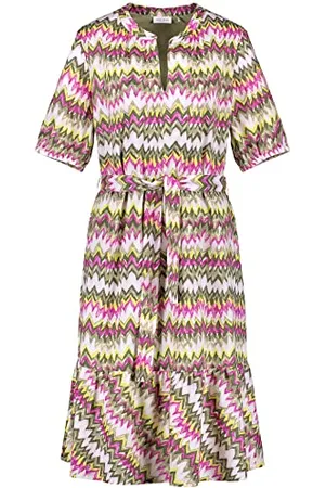 Gerry Weber Damen Gemustertes A-Linien-Kleid mit Bindegürtel halber Arm, Ballonärmel Gemustert knieumspielend 34