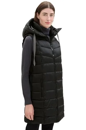 TOM TAILOR Damen 1043455 Lange Steppweste mit Kapuze, 14482-Deep Black, L